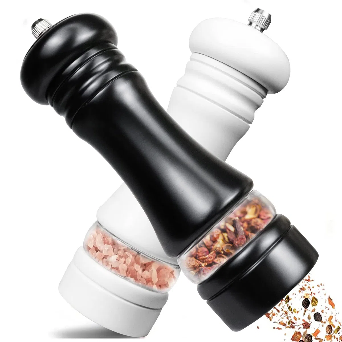 IAGORYUE Molinillo Pimienta, Molinillos de Pimienta y Sal Manual con Núcleo de Cerámica, Molinillo Especias Madera de Ajustable, Salero y Pimentero Negro/Blanco, 6.5 Pulgadas (2 Piezas)