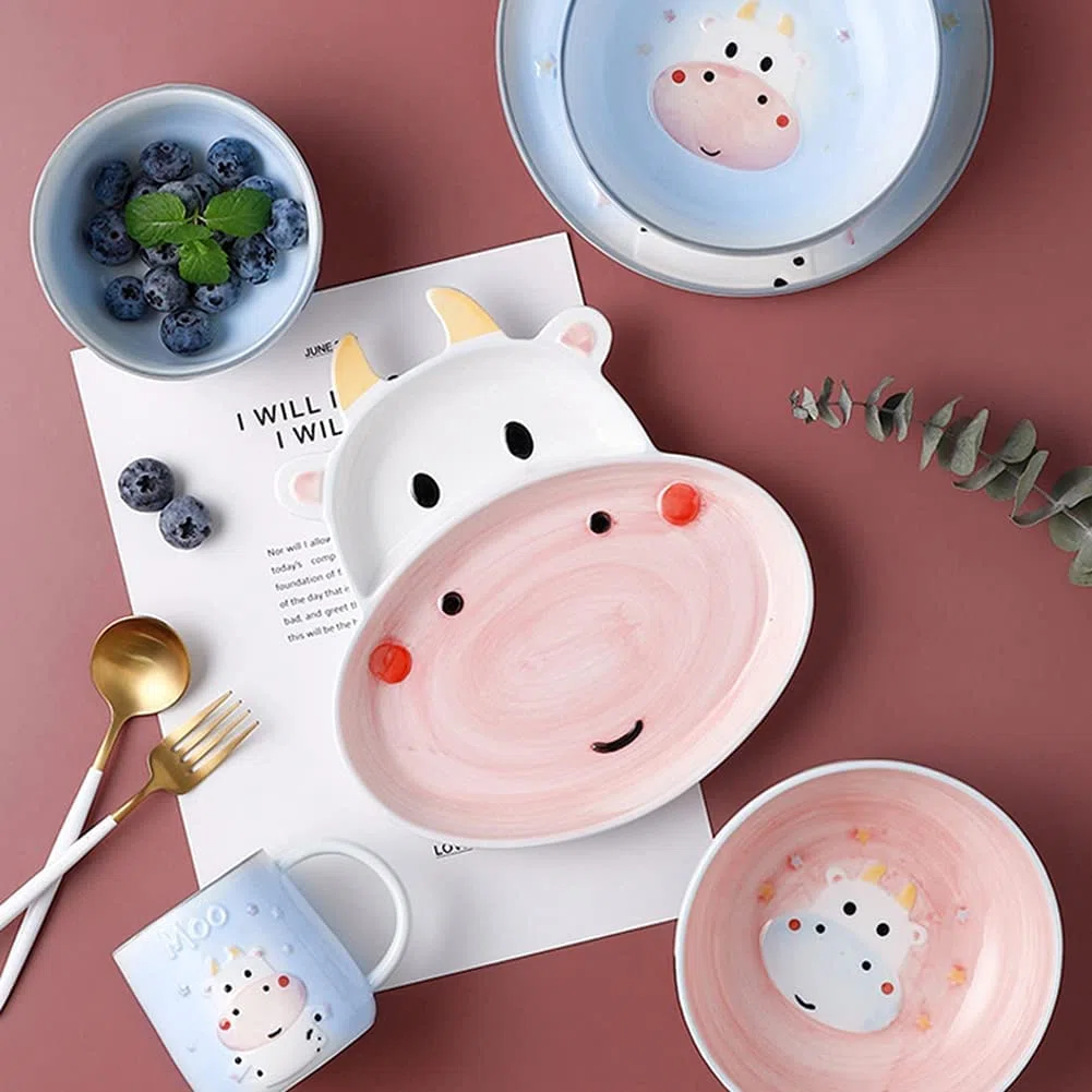 Juegos de vajilla para niños, Platos y Cuencos de Dibujos Animados de Animales, Juego de Porcelana Creativa para el hogar, Apto para lavavajillas y microondas, para 1 Persona