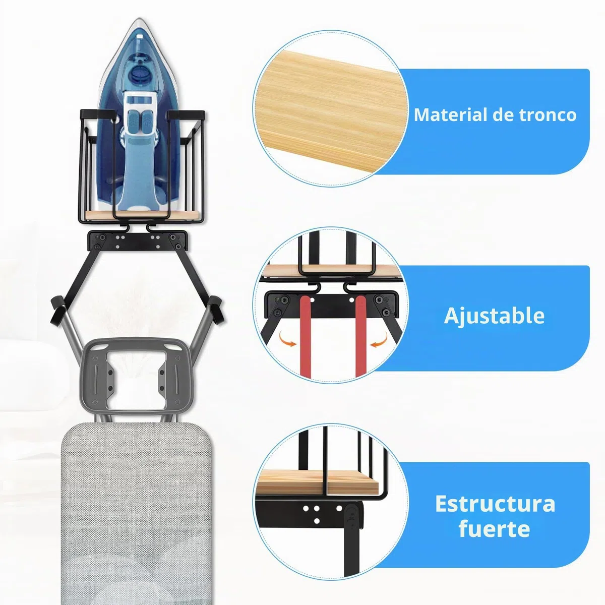 CAVWVTYU Soporte para tabla de planchar, soporte de pared con cesta de almacenamiento grande y ganchos fuertes, soporte para plancha y tabla de planchar para la lavandería, sostiene planchas, tablas