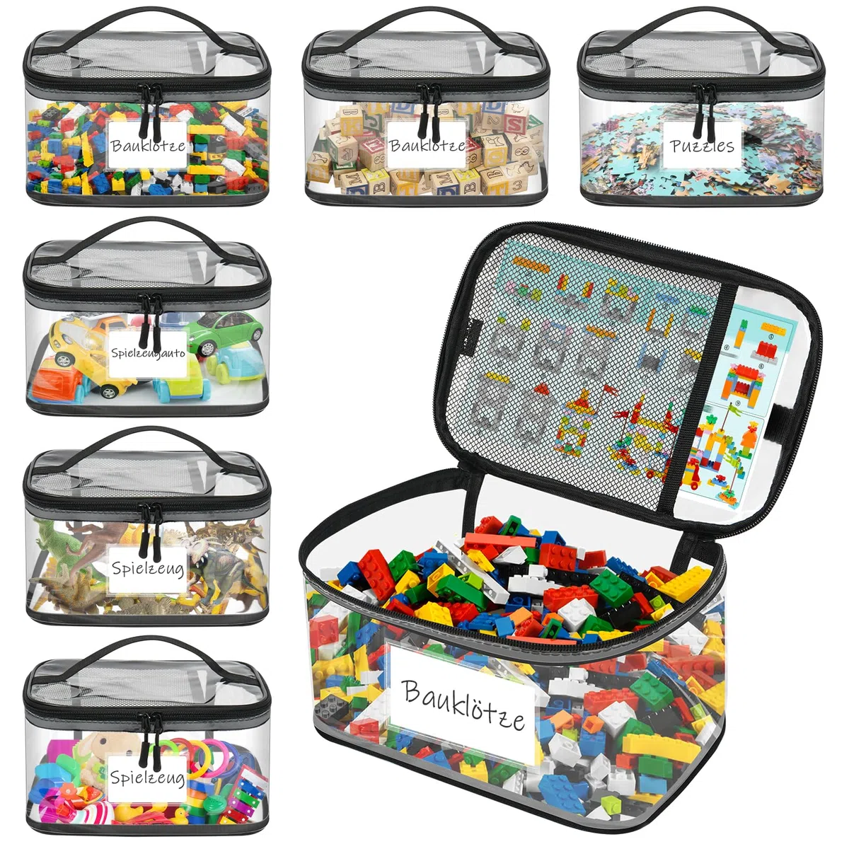 6 bolsas de almacenamiento para juguetes, transparentes, impermeables, de PVC, con etiqueta de nombre e instrucciones (idioma español no garantizado), para almacenamiento de Lego (Large)