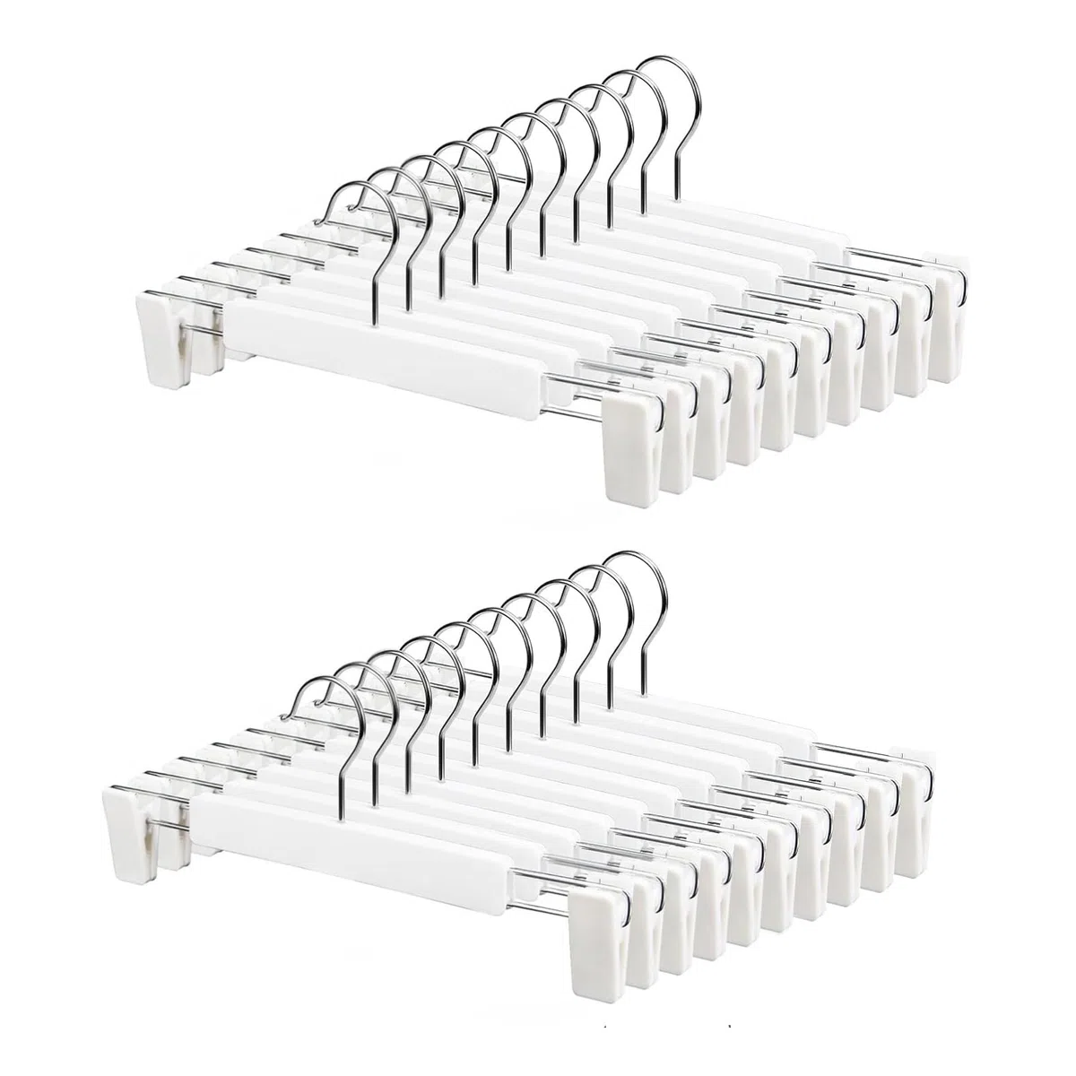 LATRAT Perchas, 20 perchas para pantalones o faldas con 2 clips antideslizantes ajustables, 360 ganchos giratorios, color blanco