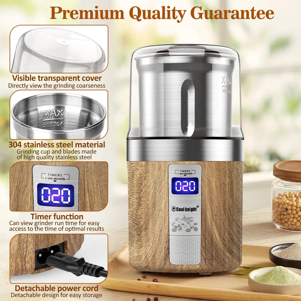 COOL KNIGHT Molinillo Cafe Electrico, Molinillo Café Con Contador Y 1 Taza De Molienda De Acero Inoxidable, Molinillo De Especias Con Capacidad De 100g, Apto Para Especias, Granos De Café,Nueces,Etc.