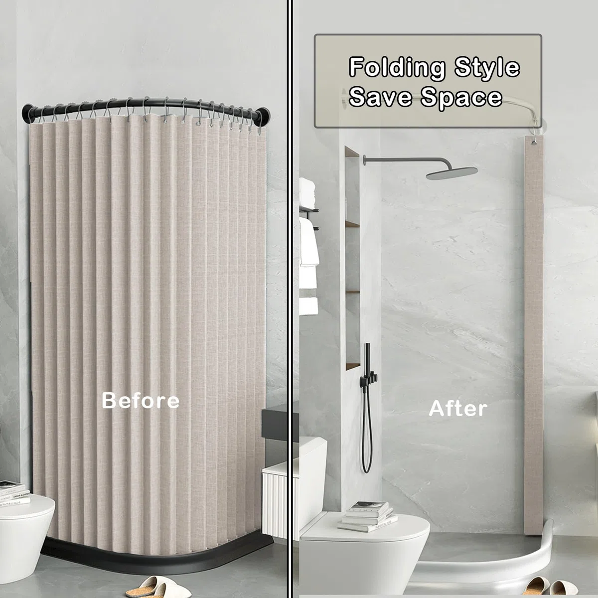 Cortina de Ducha Plegable Impermeable y Antimoho con Gancho, Cortina de Ducha de Esquina de Tela Lavable, Cortinas de Ducha Magnéticas para Baño, 150g/m², Beige, 200x200cm
