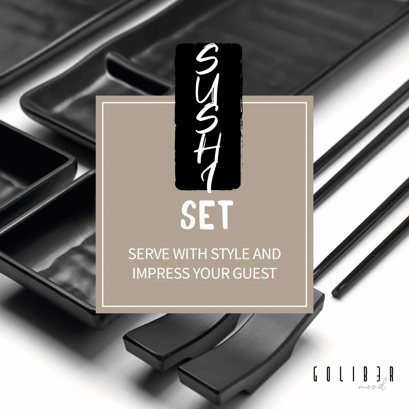 Vajilla Sushi Japonés (16 Piezas) – 4 Platos Individuales (19 X 14 Cm), 4 Tazones Para Salsa, 4 Pares De Palillos, 4 Soportes Para Palillos. En Melamina. Negro