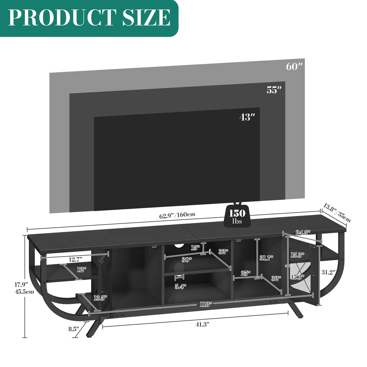 YITAHOME Industrial Mueble de TV, Mesa de TV de hasta 65 Pulgadas, 160 cm Mueble TV Salon con LED, Estantes Abiertos Centro de Entretenimiento Alto para Salón, Dormitorio, Negro
