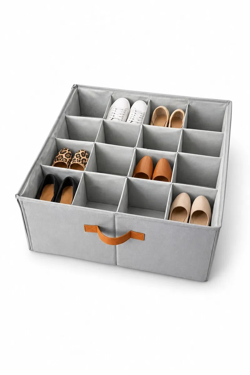Genérico Organizador de Zapatos Ajustable 16 Compartimentos – Caja Organizadora con Separadores Flexibles, Multiuso para Zapatos Grandes, Ropa y Accesorios – Plegable con Tapa Transparente