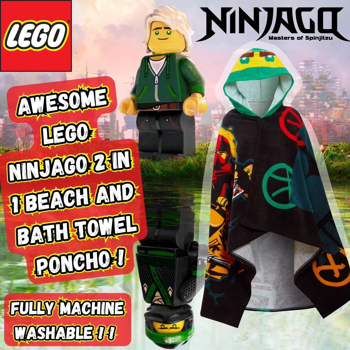 LEGO Toalla con capucha Ninjago para niños, poncho, toalla de playa, toalla de baño, envoltura para nadar