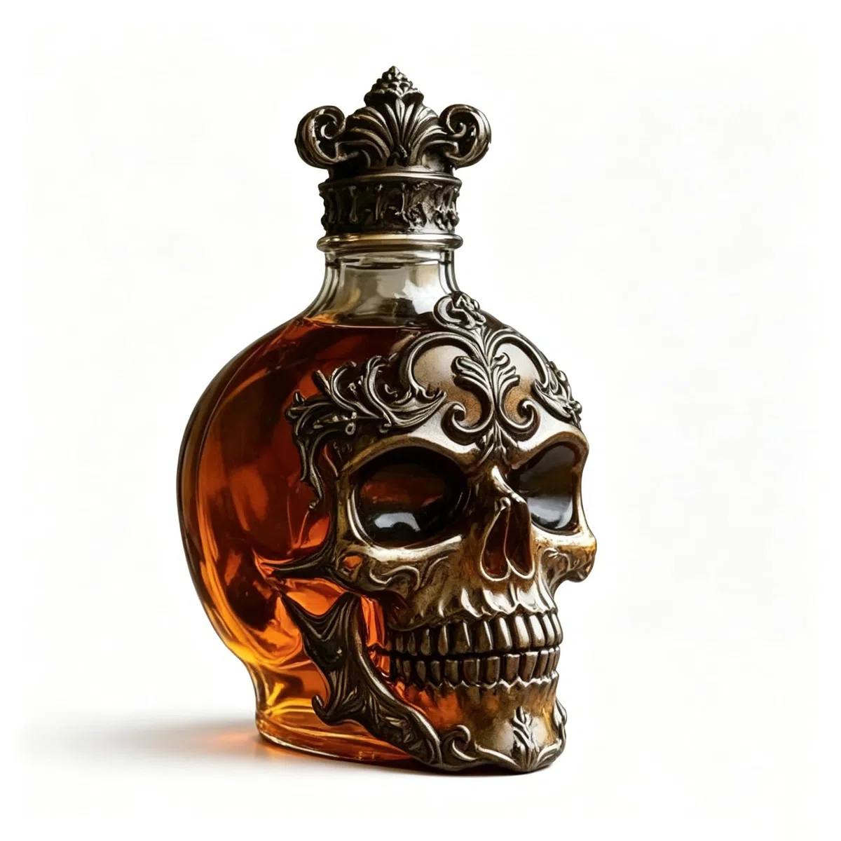 Decantador de whisky de calavera gótica vintage, botella de licor barroca adornada con diseño de calavera en relieve y tapón de corona, decantador de cristal de esqueleto de calavera para hombres