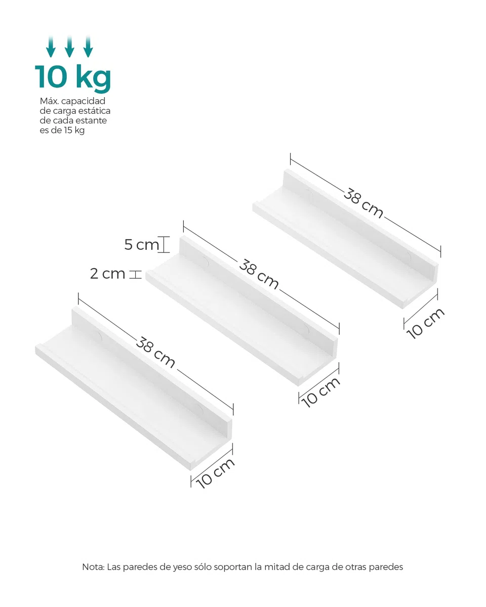 SONGMICS Estantes de Pared, Juego de 3, Estantes Flotantes, Ancho de 38 cm, Estantes Colgantes, para Marcos de Fotos y Adornos, para Salón, Oficina en Casa, Baño, Cocina, Blanco Mate LWS38WT