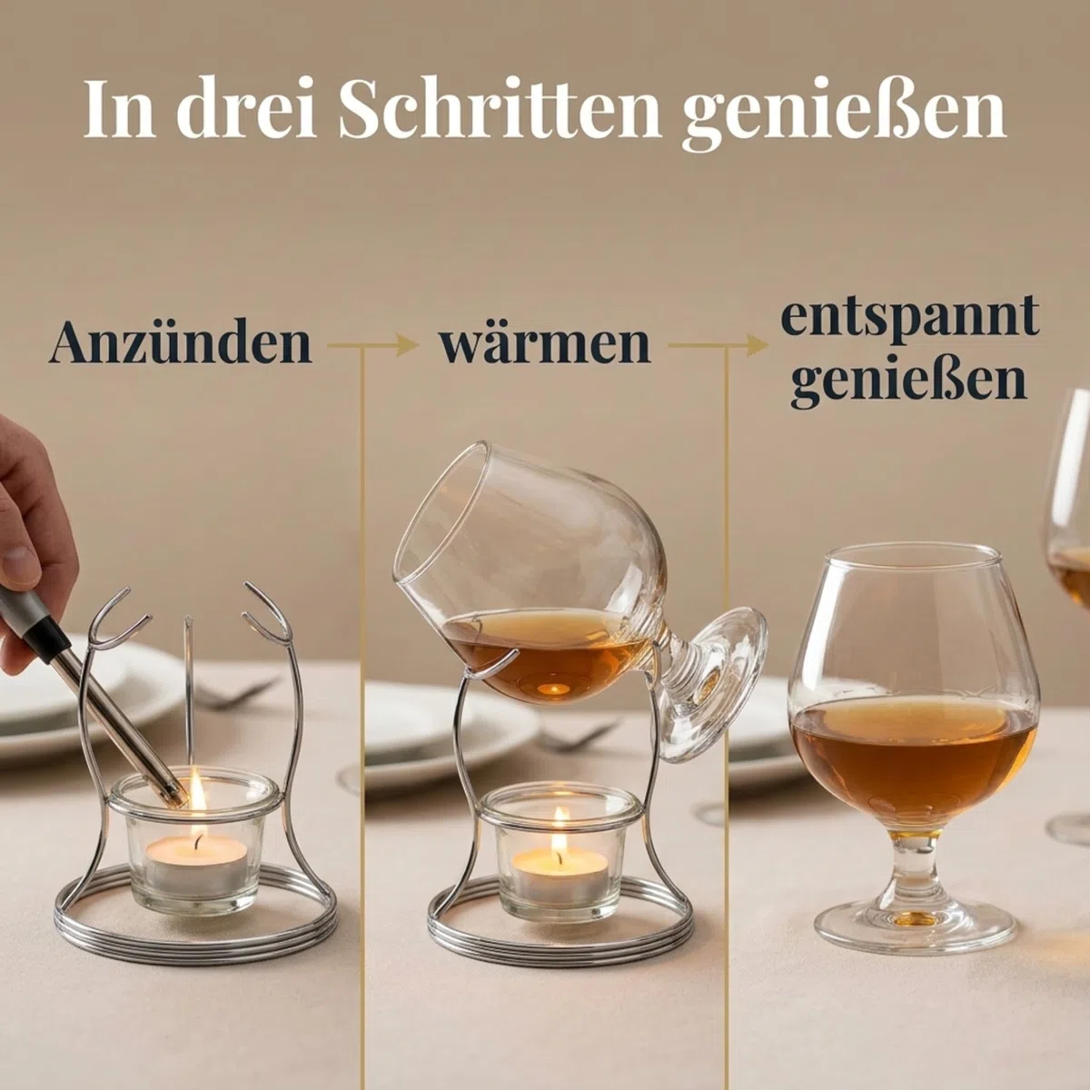 MIJOMA Brandy Warmer Set de regalo – Calentador de coñac con cristal giratorio de 400 ml, soporte de acero inoxidable y portavelas de cristal, aroma para los amantes