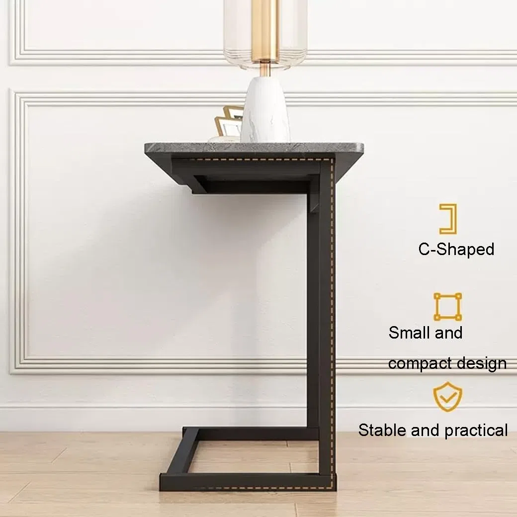 Mesa auxiliar estrecha en forma de C con marco de acero superior de mármol sintético para espacios pequeños, color gris