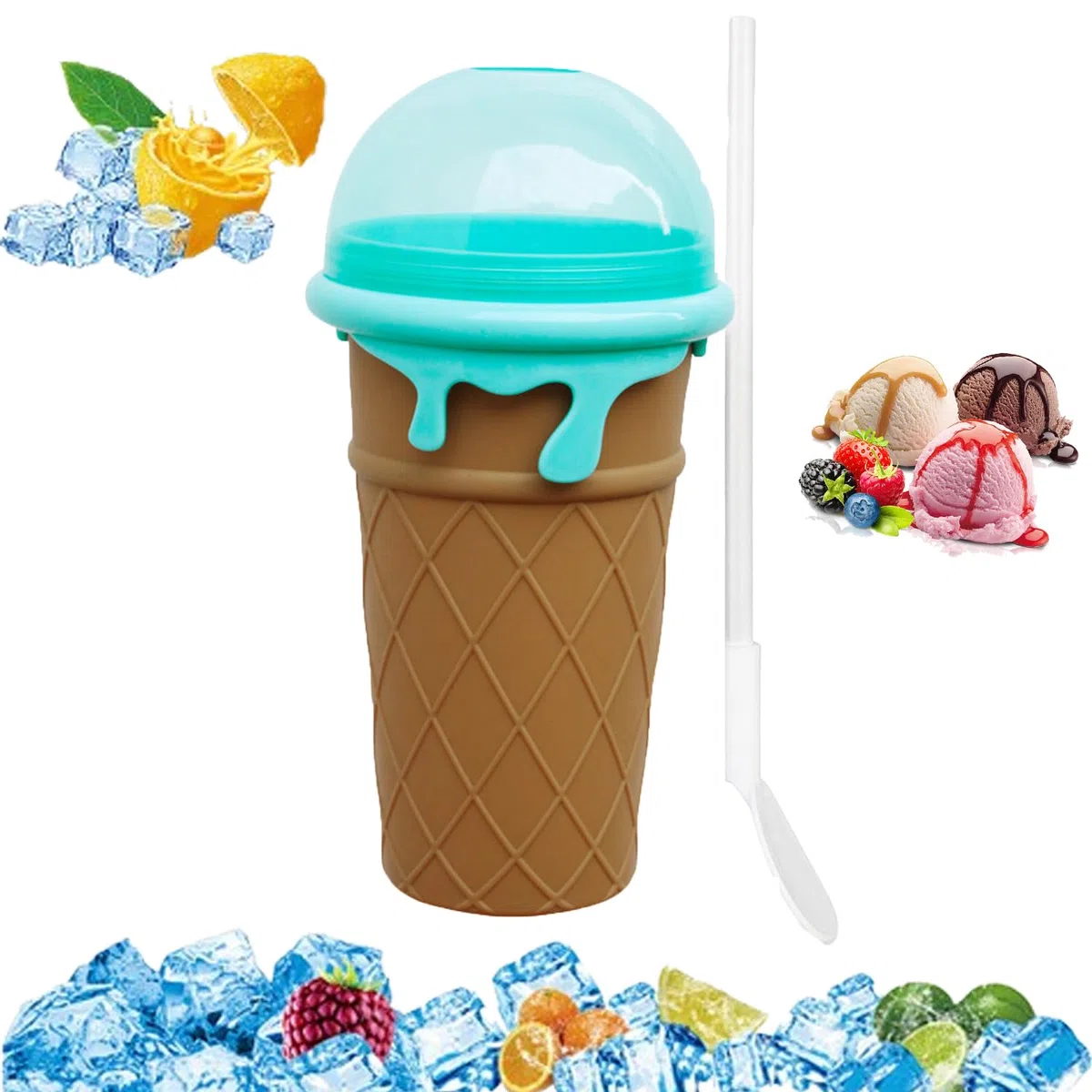 Slushy Maker Cup, Diy Squeeze Ice Cup 500 Ml, 2 En 1 Pajita y Cuchara, Taza Mágica De Congelación Copa De Hielo Para Preparar Batidos De Frutas Helados y Batidos De Leche (Marrón)