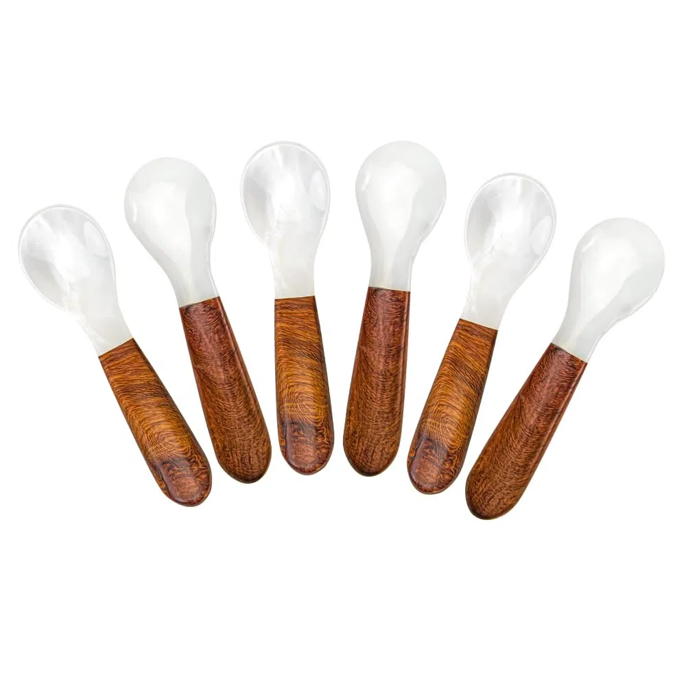 DUEBEL Juego de 6 cucharas de caviar con mango de madera de 12 cm de nácar para servir caviar, servir huevos, catering deroration