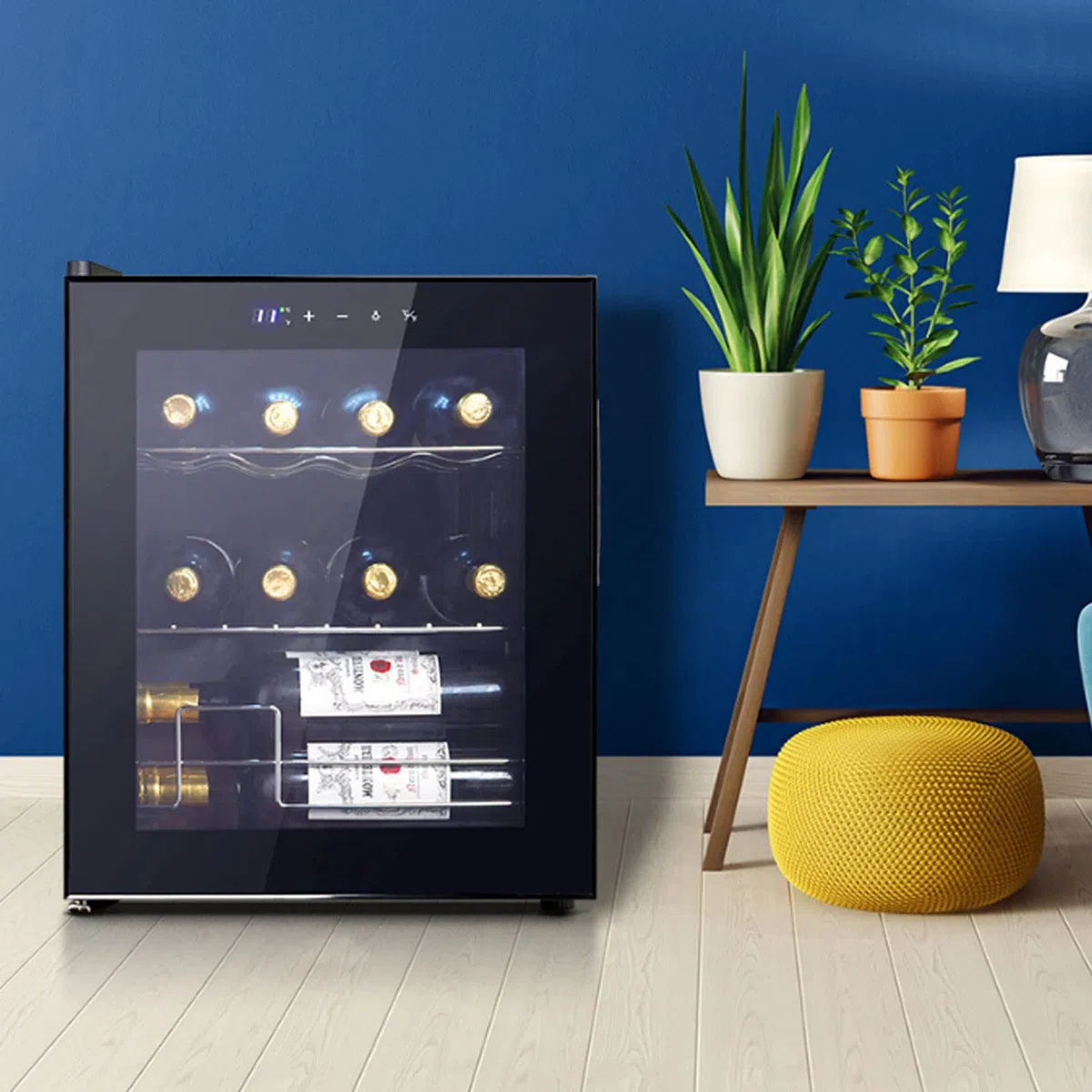 Enfriador de vino de 48 litros integrado con puerta de cristal, zonas de enfriamiento duales de 5 a 18 °C, panel de control táctil para 12 botellas, nevera de vino independiente