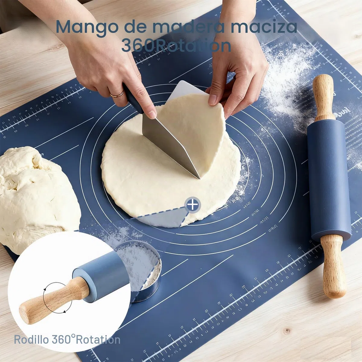 Juego de 4 Alfombrillas de Rodillo Y Silicona, Rodillo Amasar de Superficie Antiadherente con Azul Tapete para Hornear, Rodillo de Silicona con Mango de Madera para Pasta Pizza Torta