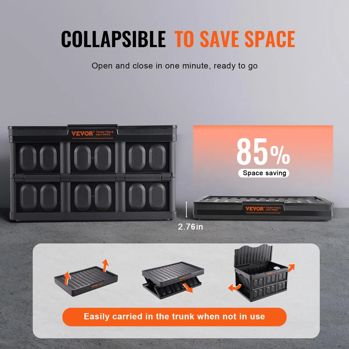 VEVOR Caja de Almacenamiento de Plástico Plegable con Tapas 3 Piezas, Cajas de Transporte Apilable 65 L con Asas, Contenedores Grandes y Resistentes para Ropa, Juguetes, Libros, Accesorios, Negro