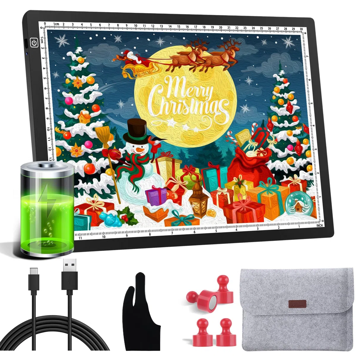 OOWOLF Mesa luminosa A4, mesa luminosa LED con cable USB, brillo regulable continuo, 5 mm, ultrafino, 4 lápices magnéticos, A4, 8900 K, para esbozar, copiar, dibujar