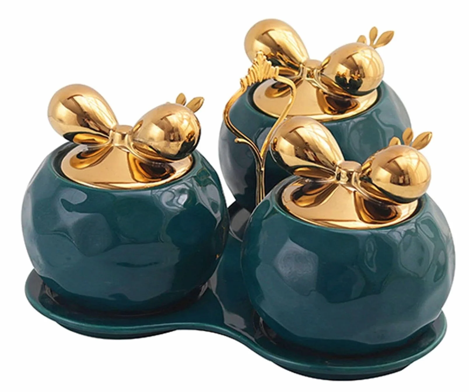 SAeWare Tarro de condimentos, contenedor de especias de cerámica con tapas de cucharas y bandeja, juego de cuencos de especias, organizador de condimentos, hogar, cocina, encimera, color verde oscuro