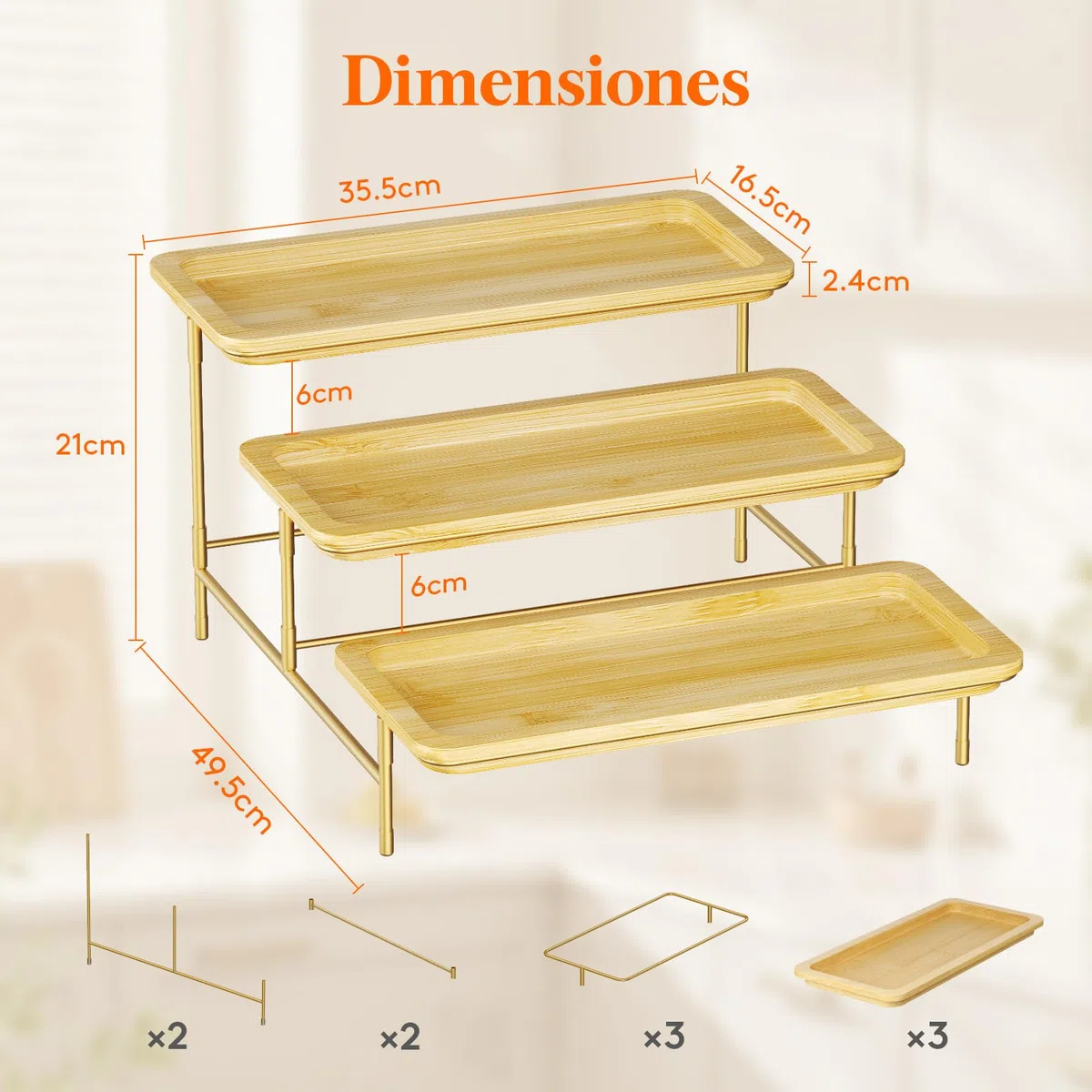 Lifewit Bandeja de servir de bambú de 3 niveles, 36 x 17 cm, bandeja de servir con soporte de metal dorado para suministros de fiesta, accesorios de bufé, grandes bandejas reutilizables para