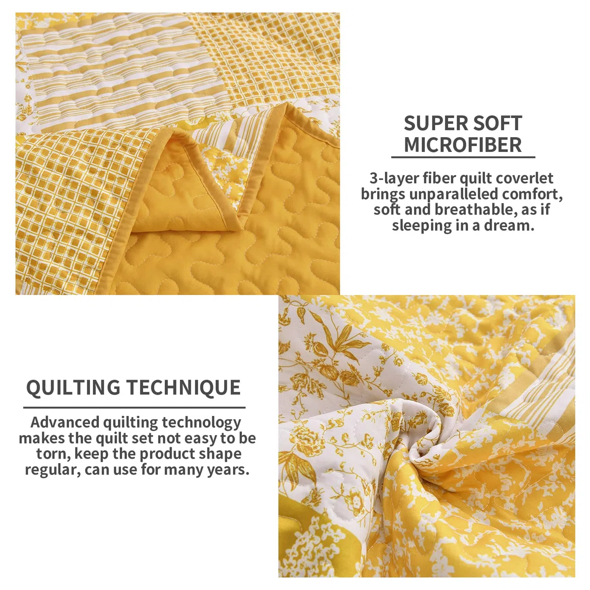 Mybedsoul Juego de edredón Bohemio Amarillo tamaño Queen, Juego de Colcha Floral a Cuadros de 3 Piezas, Juego de Ropa de Cama Reversible de Retazos, tamaño Queen, 90 x 96 Pulgadas