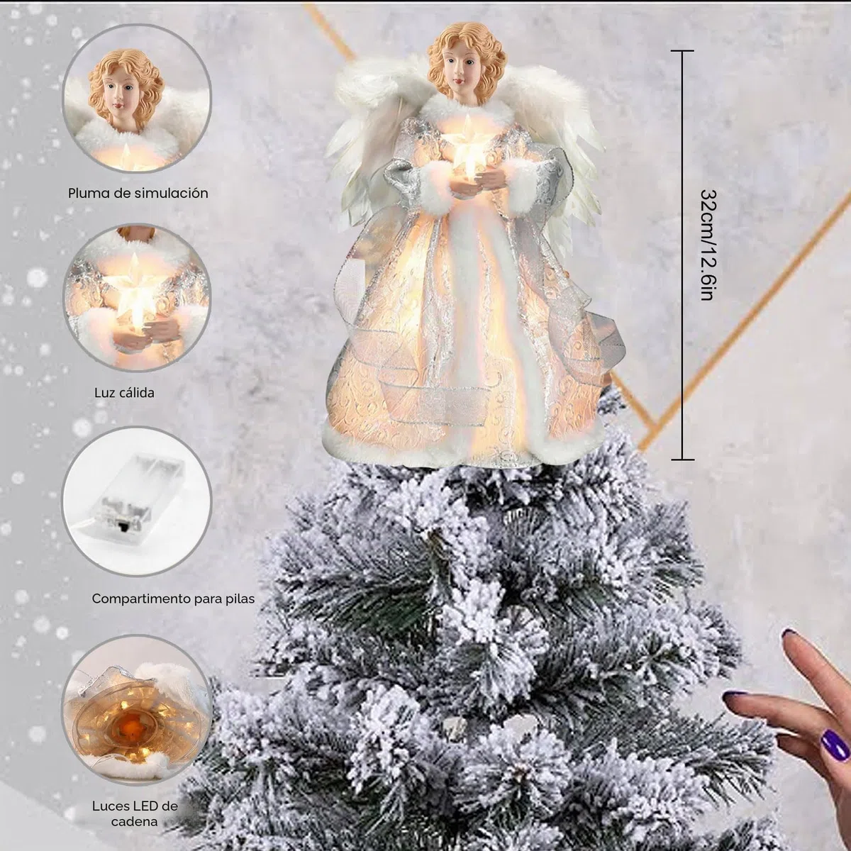 Punta para árbol de Navidad con ángel, figura con ángel de Navidad, decoración navideña para interiores con alas de plumas, 12,6 pulgadas (plateada)