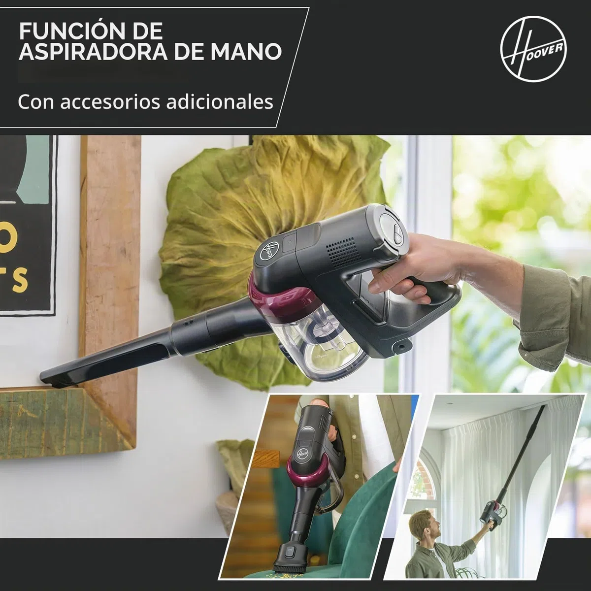 Hoover Aspiradora Escoba Sin Cable, 1200 POWERTIME, Alta Potencia, Cepillo Antienredos, Luces LED, Ligera, Ideal para Rincones [HF410H]