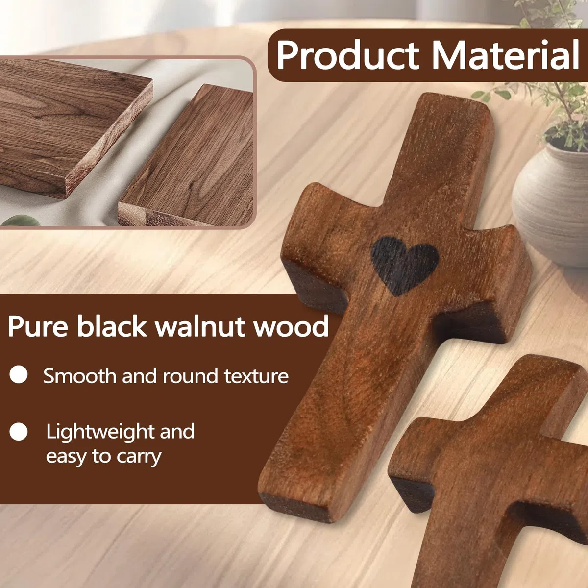 Yitexin Paquete de 5 cruces de bolsillo de madera de nogal, cruz de oración pequeña de 2 pulgadas para sostener la mano, cruz mi corazón, regalo de aliento religioso