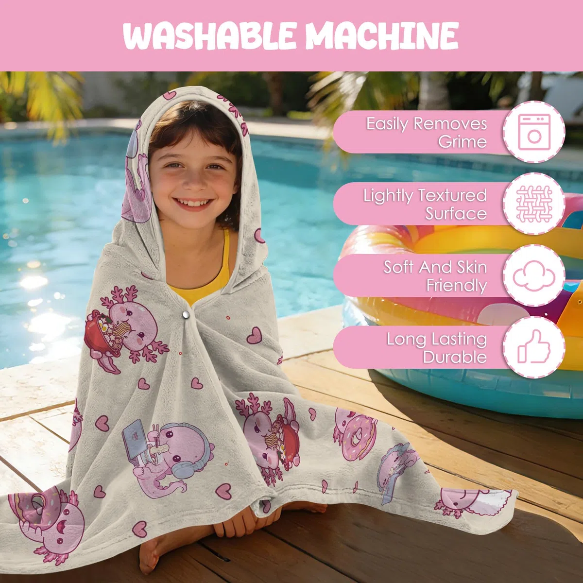 Toallas con capucha de Axolotl para niños 127x76cm Toallas estilo poncho para niños, adolescentes, toalla de playa para piscina, toalla de baño adorable con diseño de Axolotl
