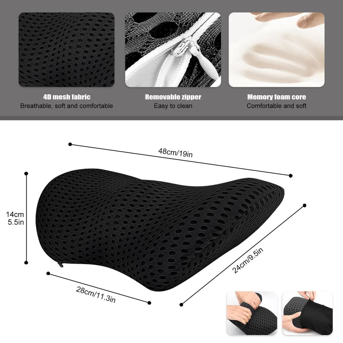 EPROICKS Cojin Lumbar, Cojín Lumbar Dormir, Cojín Lumbar Cama, Almohada Lumbar para Coche, Silla Oficina, Cama, Sofa Soporte Lumbar (Negro)
