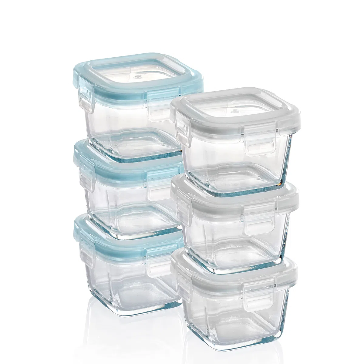 Grizzly Recipientes de vidrio para almacenamiento de alimentos para bebés - Mini platos a prueba de horno con tapas - Cuadrado de 6 x 160 ml - Hermético al aire y a los líquidos