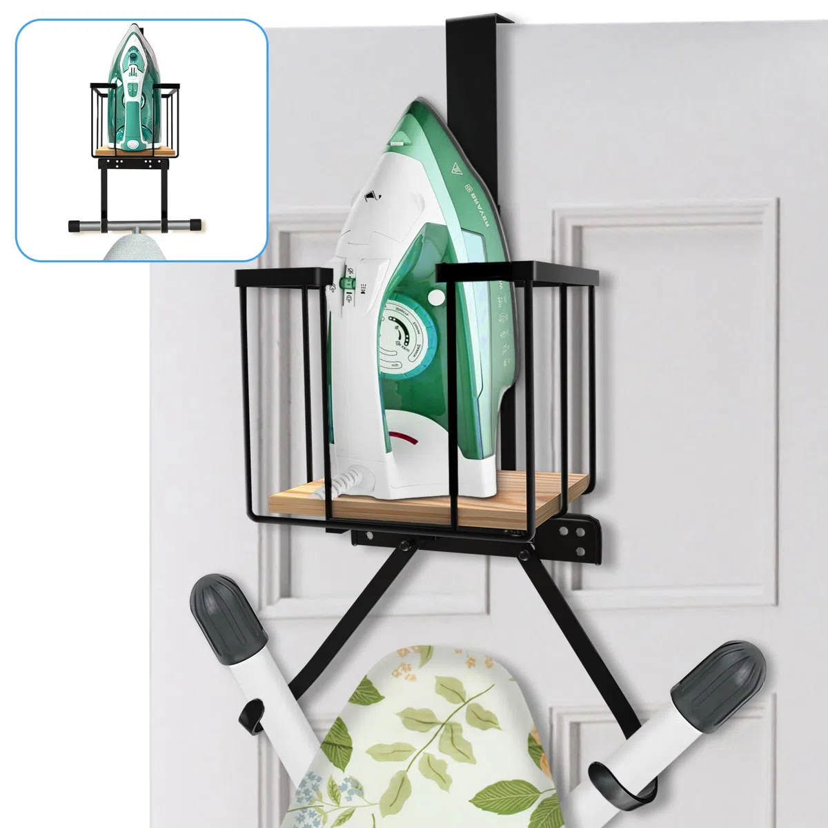 CAVWVTYU Soporte para tabla de planchar, soporte de pared con cesta de almacenamiento grande y ganchos fuertes, soporte para plancha y tabla de planchar para la lavandería, sostiene planchas, tablas