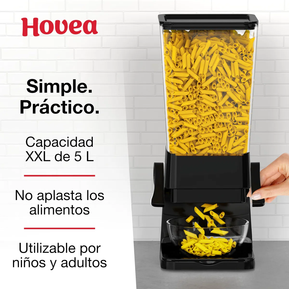 Dispensador de Cereales y Croquetas - Capacidad 5 L - Para Muesli, Pasta y Alimentos Secos - Dispensador de Croquetas para Perros y Gatos - Cocina, Desayuno - Negro - CR501