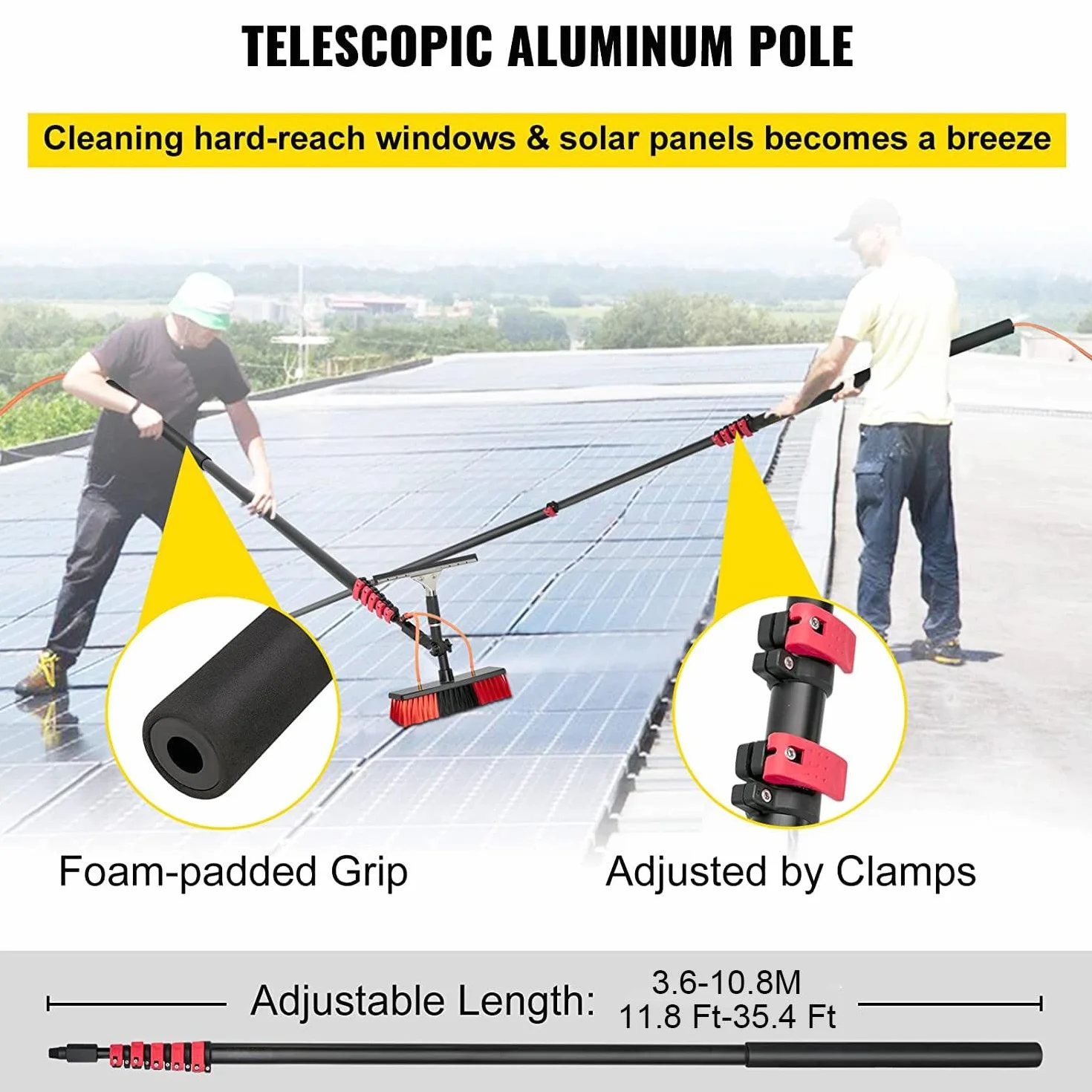 Kit de limpieza telescópico 3 en 1, cepillo de vidrio para panel solar, limpiador de ventanas altas, herramienta de lavado para interiores y exteriores, extensión de 9 m para mantenimiento