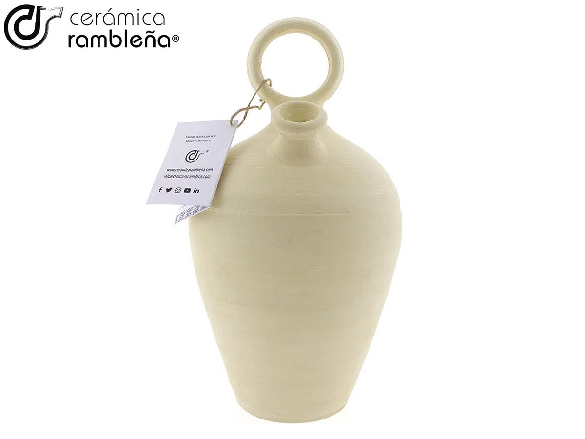 CERÁMICA RAMBLEÑA | Botijo de Barro Tradicional asa Redonda Base Fina de La Rambla (Córdoba) | 100% Hecho a Mano | 3.75 litros | Eco | Plato NO Incluido