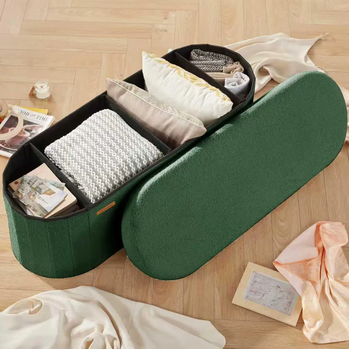 HAUSFRAU Taburete con espacio de almacenamiento, banco plegable, caja de almacenamiento, soporta hasta 300 kg, reposapiés para salón, dormitorio, pasillo, 110 x 38 x 38 cm, forro polar verde