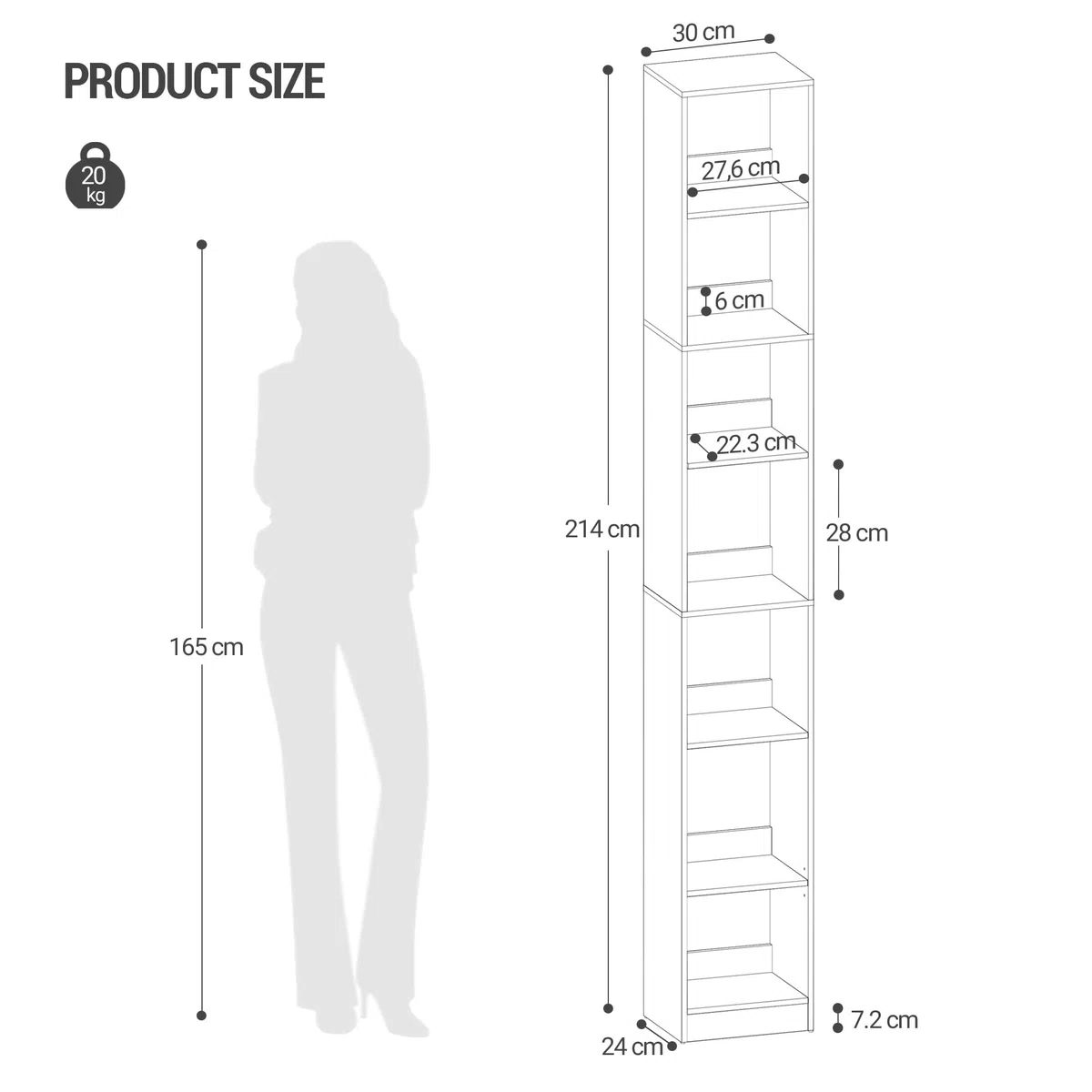 Hzuaneri Librería de 7 Niveles, Estantería Libros, para Salón, Estudio, Oficin, Dormitorio, Estilo Escandinavo, 24 x 30 x 214 cm, Blanco BC79703X