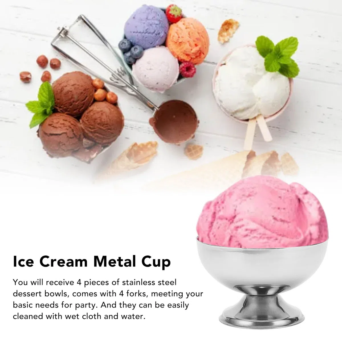 Cuenco para Helado ,Vaso de Metal para Helado ,Fondo Estable ,Alisador ,Acero Inoxidable ,Ahorro de Espacio ,4 Piezas para la Familia
