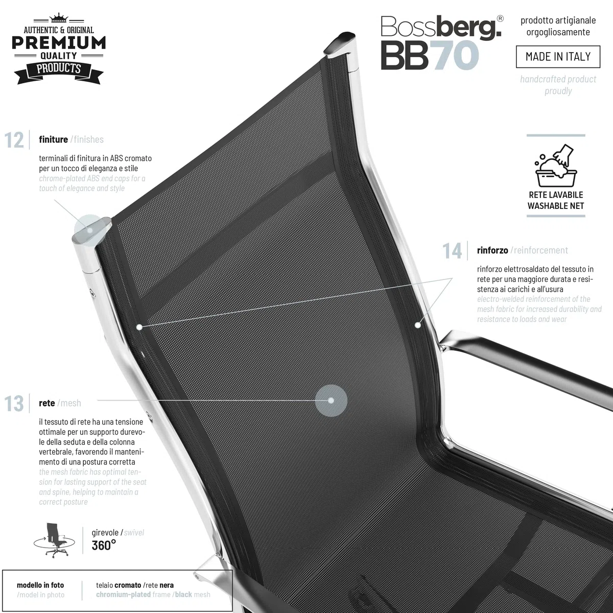 Silla de Escritorio Ergonómica, Silla de Oficina Giratoria con Apoyo Lumbar, Sillón de Despacho Ajustable y Cromado, Diseño Italiano - Cromado Negro