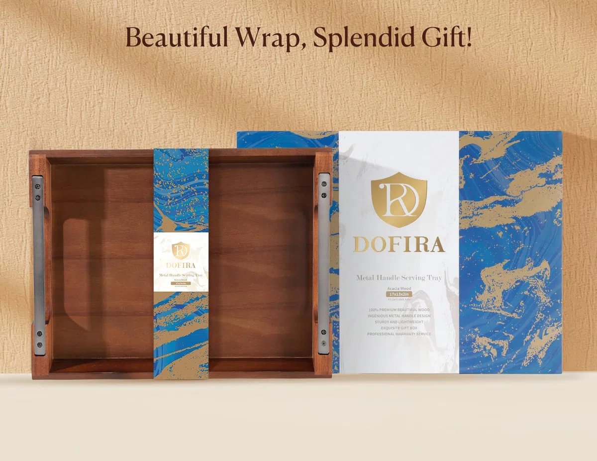 Bandeja de Servir de Madera de Acacia con Asas de Metal, Bandeja de Madera para Alimentos y Bebidas para la Mesa de Café, Desayuno, Cena y Bar, Bandeja de Almacenamiento Decorativa Rústica
