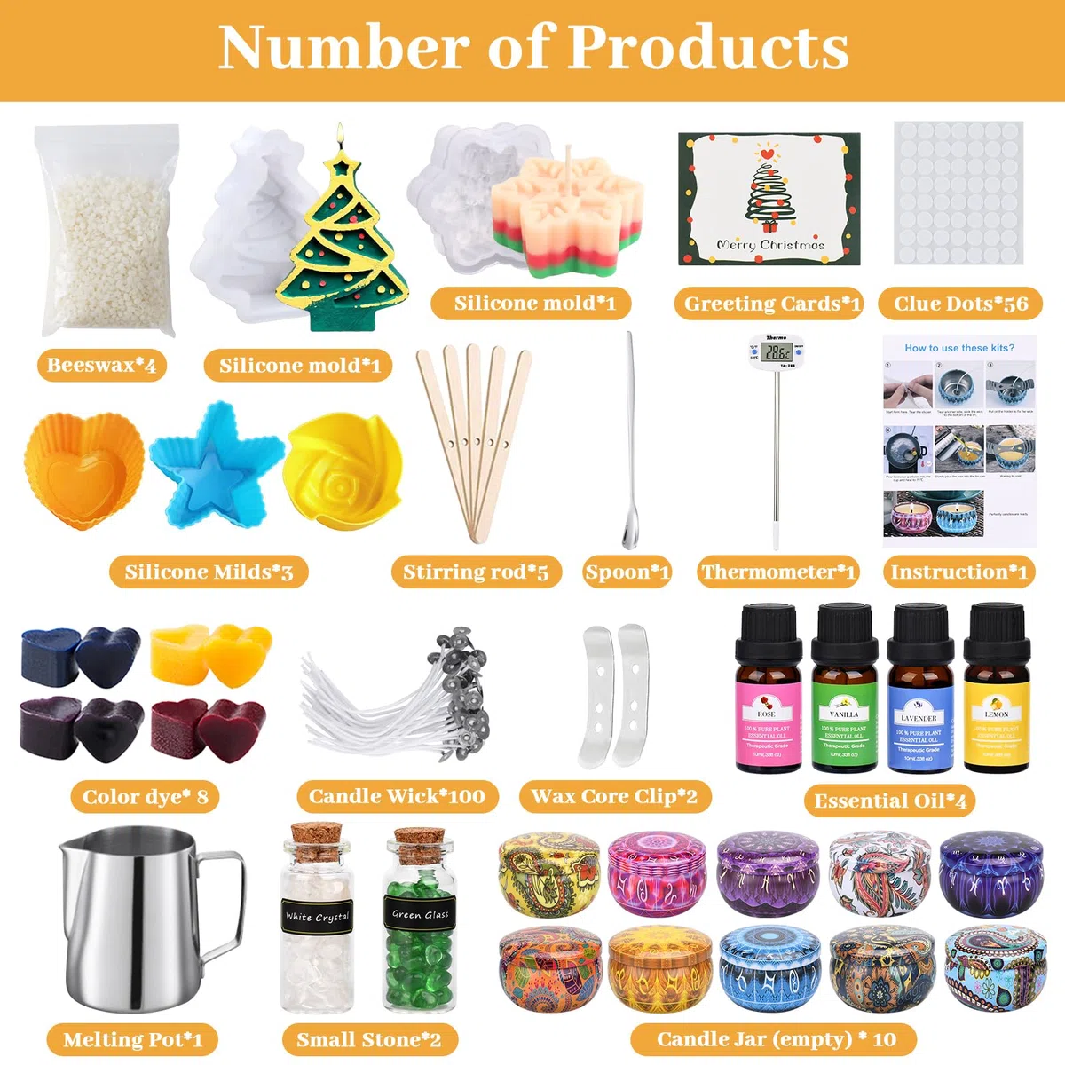IGUGI Kit de Fabricación para Velas,DIY Juego de Regalo para Velas,Erramienta para Velas de Bricolaje Incluye 4 paquetes cera de abejas,10 Frascos para Velas,100 Mechas para Velas