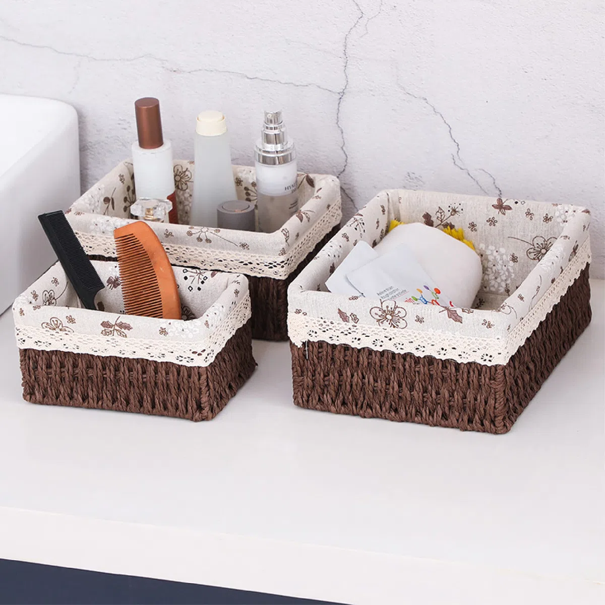 Juego de 3 Cestas de Almacenamiento Tejidas,Cestas de Almacenamiento para Baño, Cestas de Almacenamiento de Cosméticos, Cestas de Almacenamiento de Juguetes(marrón)