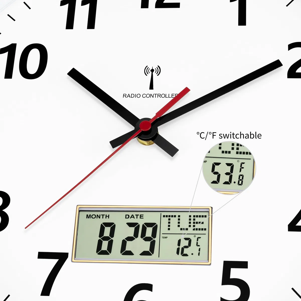 Foxtop Reloj de Pared Digital Radiocontrolado 30 cm Reloj de Cocina con Termómetro y Calendario Segundero Rojo de Fácil Lectura para Cocina, Salón u Oficina