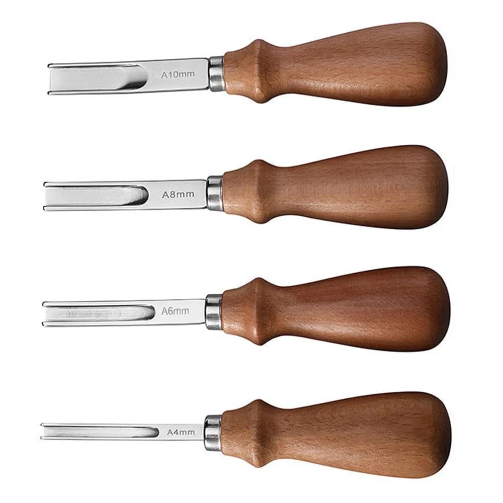4 cuchillos de piel para paraer, herramienta de cuero con mango de madera, 4 mm, 6 mm, 8 mm, 10 mm, herramientas para reparar los bordes de la piel para trabajar el cuero para biselar cortar y marcar