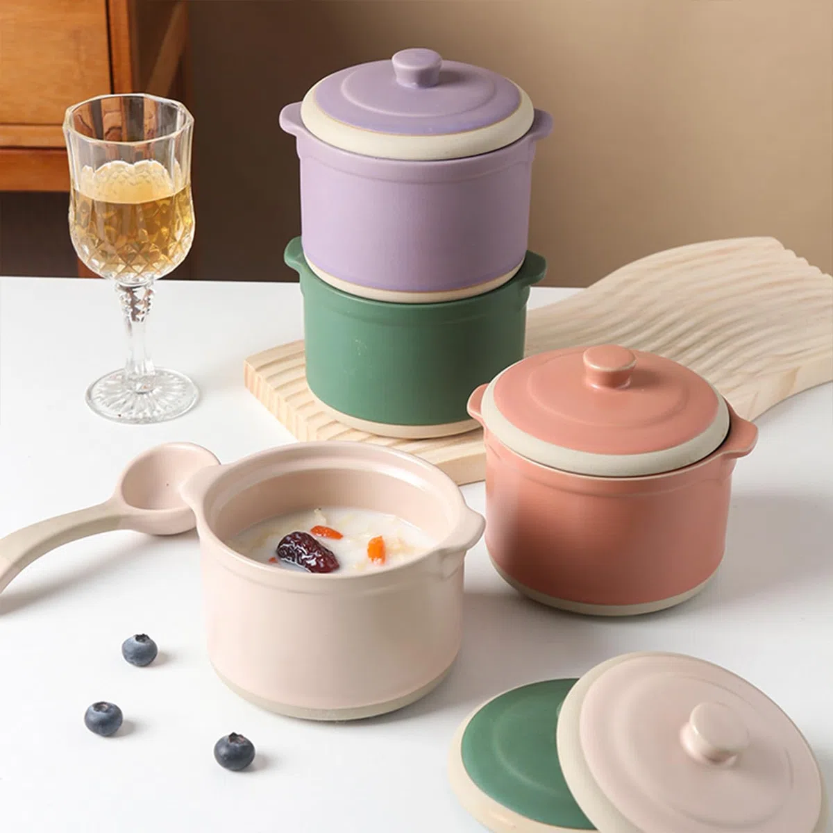 Cuenco pequeño con tapa y cuchara, 400 ml, apto para horno y microondas, tazas de caldo (color morado)