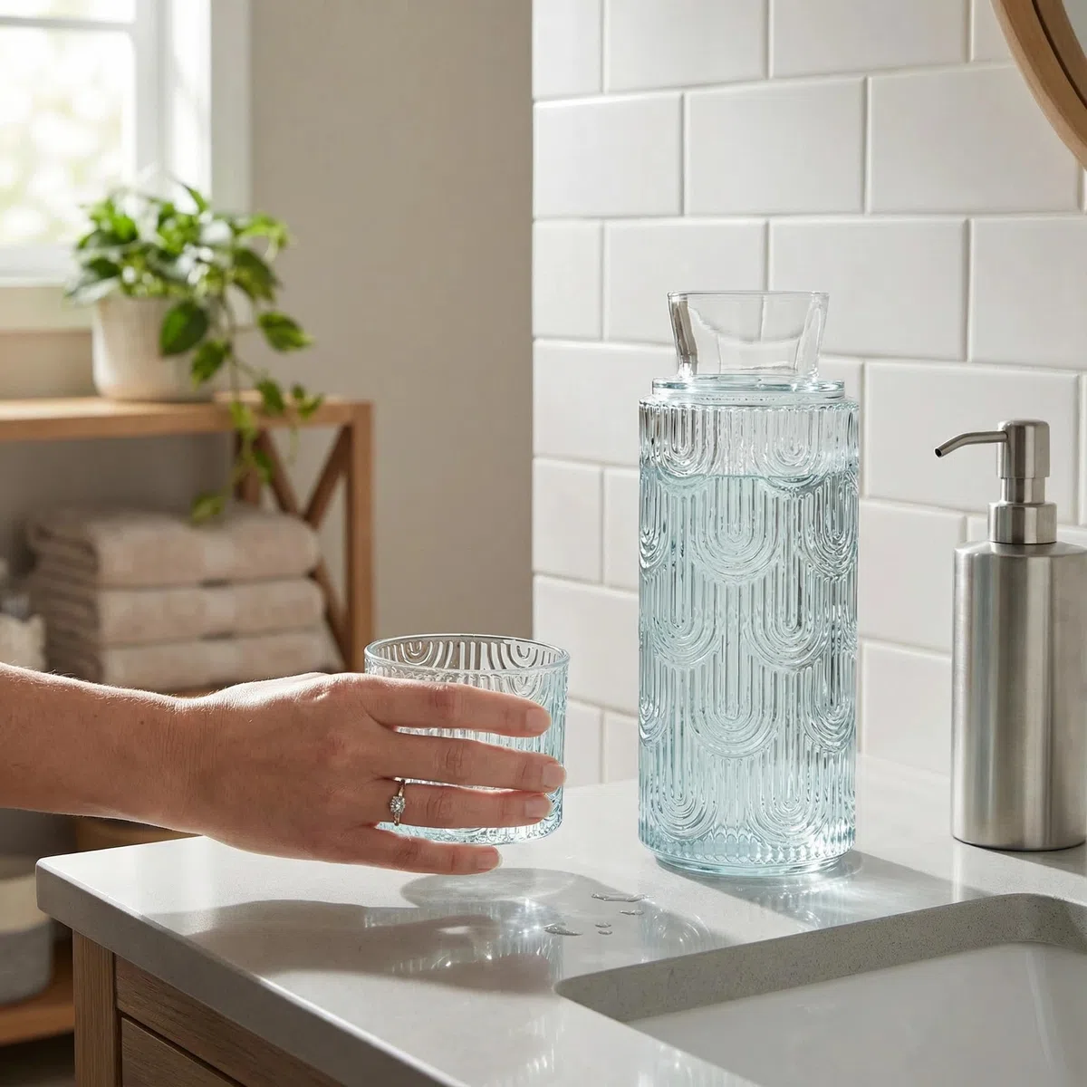 Juego de Jarra de Agua y Vidrio Para Mesita de Noche, Jarra de Vidrio de 630 Ml Con Taza, Para Dormitorio de Invitados, Baño, Sala de Estar (Azul claro)