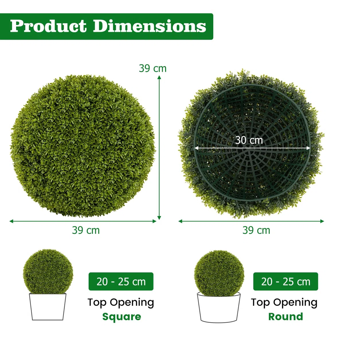 GIANTEX Juego de 2 Bolas Decorativas de Planta Artificial, Plantas Esféricas de 39/50 cm, con Hojas Simuladas Resistente al Sol, Planta Decorativas para Balcón, Patio, Hogar, Boda (39 cm)