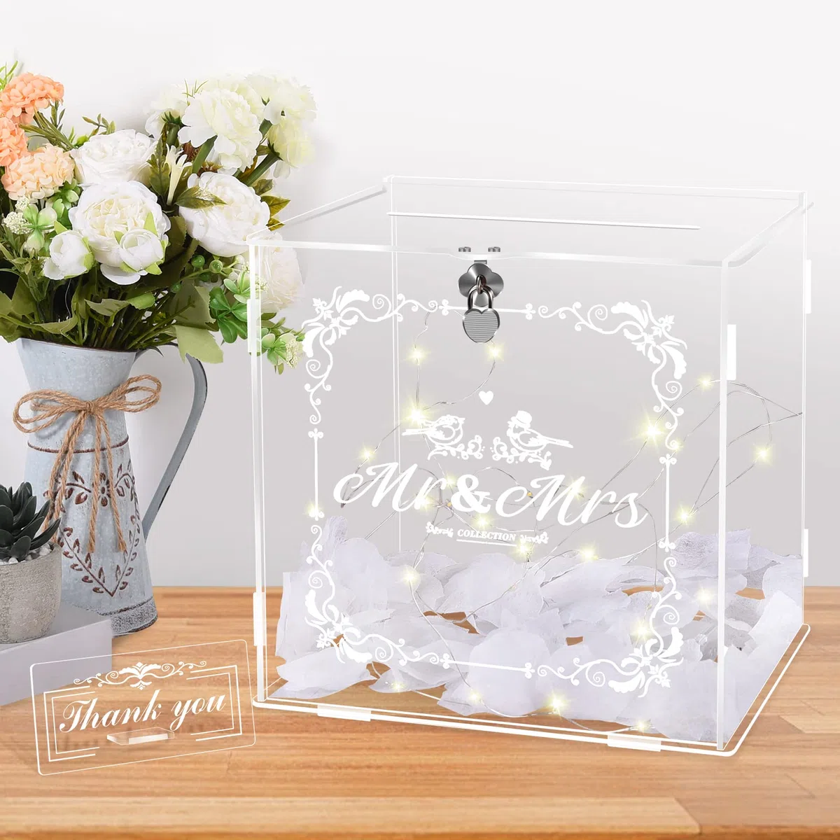 Herenear Caja para Tarjetas de Boda de Acrílico Con Cerradura - para Regalo, Recepción, Cumpleaños, Aniversario y Sobres