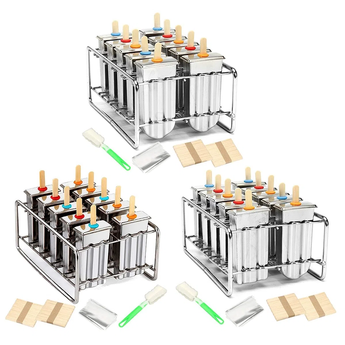 Juego de 10 moldes de acero inoxidable para helados o polos helados, perfectos para usar en el interior y en el exterior