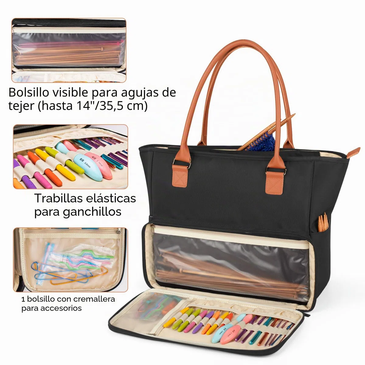 Yarwo Bolsa de mano para tejer, Bolsa de Almacenamiento para Agujas de Tejer (Hasta 35.5cm), Ganchillos, Labores de Tejidos, Ovillos y Otros Accesorios de Tejer, Negro.