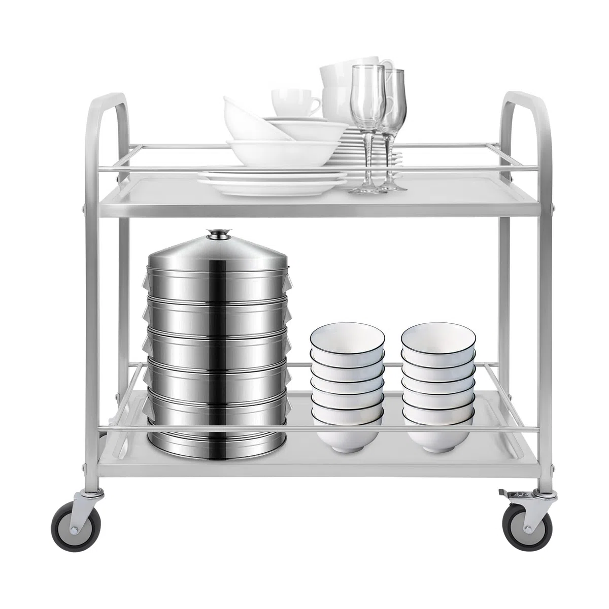 Carro de servicio de acero inoxidable con 2 estantes y estructura de tubo redondo, carro de servicio pesado con 4 ruedas, 2 frenos, capacidad de carga: 75 kg
